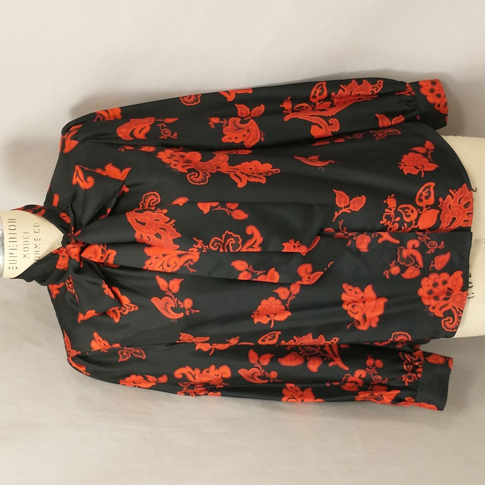 Tory Burch Vintage Silk Blouse Bow Tie Neckline Secretary Dramatic Red on Black
